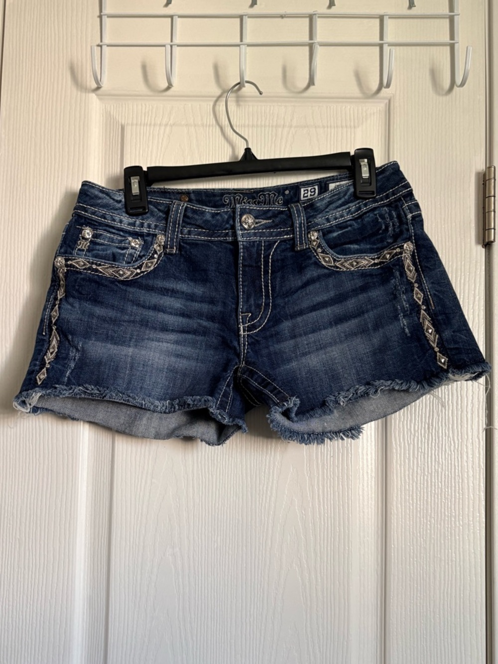 Miss Me Mid-Rise Embroidered Rhinestone Flap Pocket Denim Shorts - Size 29
